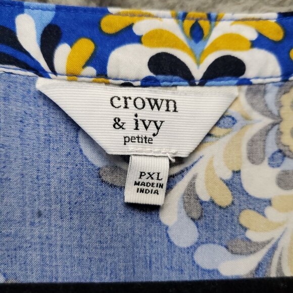 Crown & Ivy Top Women PXL Blue Floral Embroidered Long Sleeve Boho Blouse - Picture 2 of 8